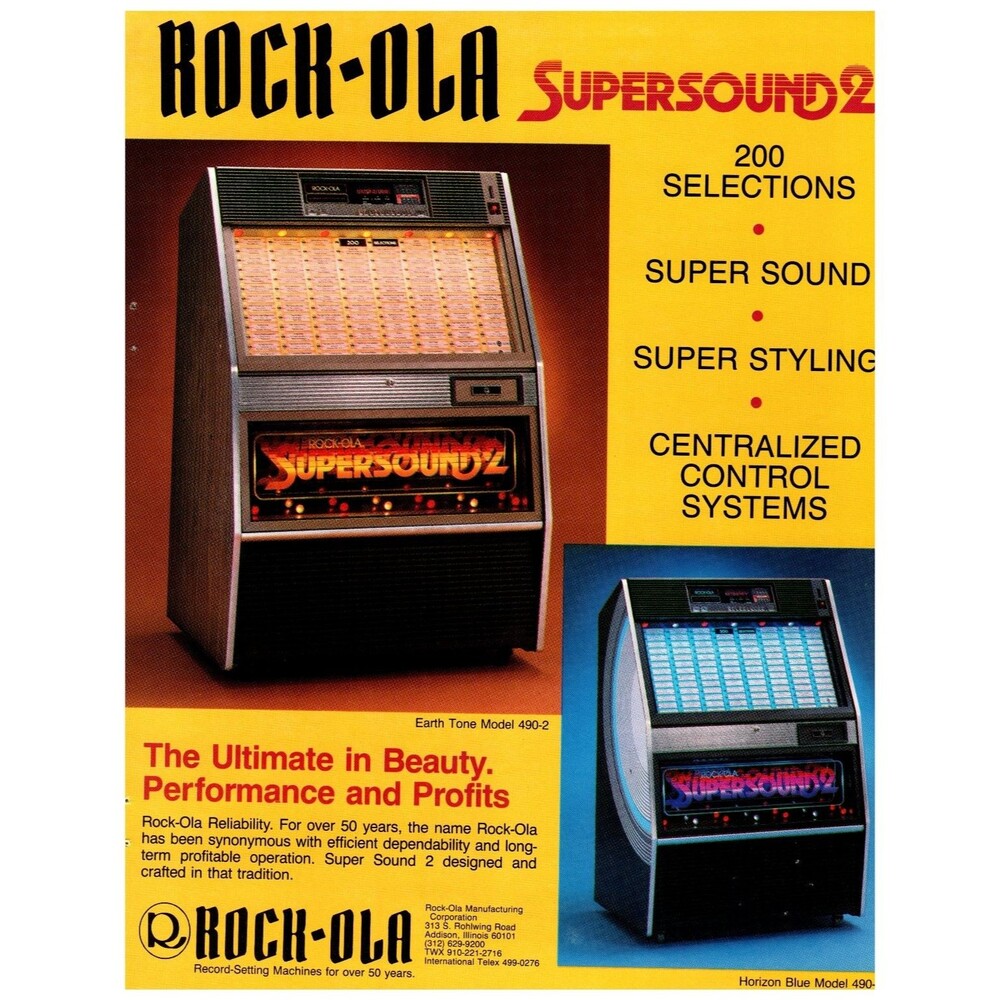 Vintage ROCK-OLA SUPERSOUND 2 Jukebox Magazine AD1980s Arcade Music Machine